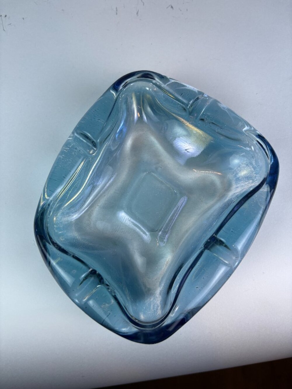 Vintage Blue Glass Ashtray, Heavy Square Mid Century Smoking Accessory, Retro